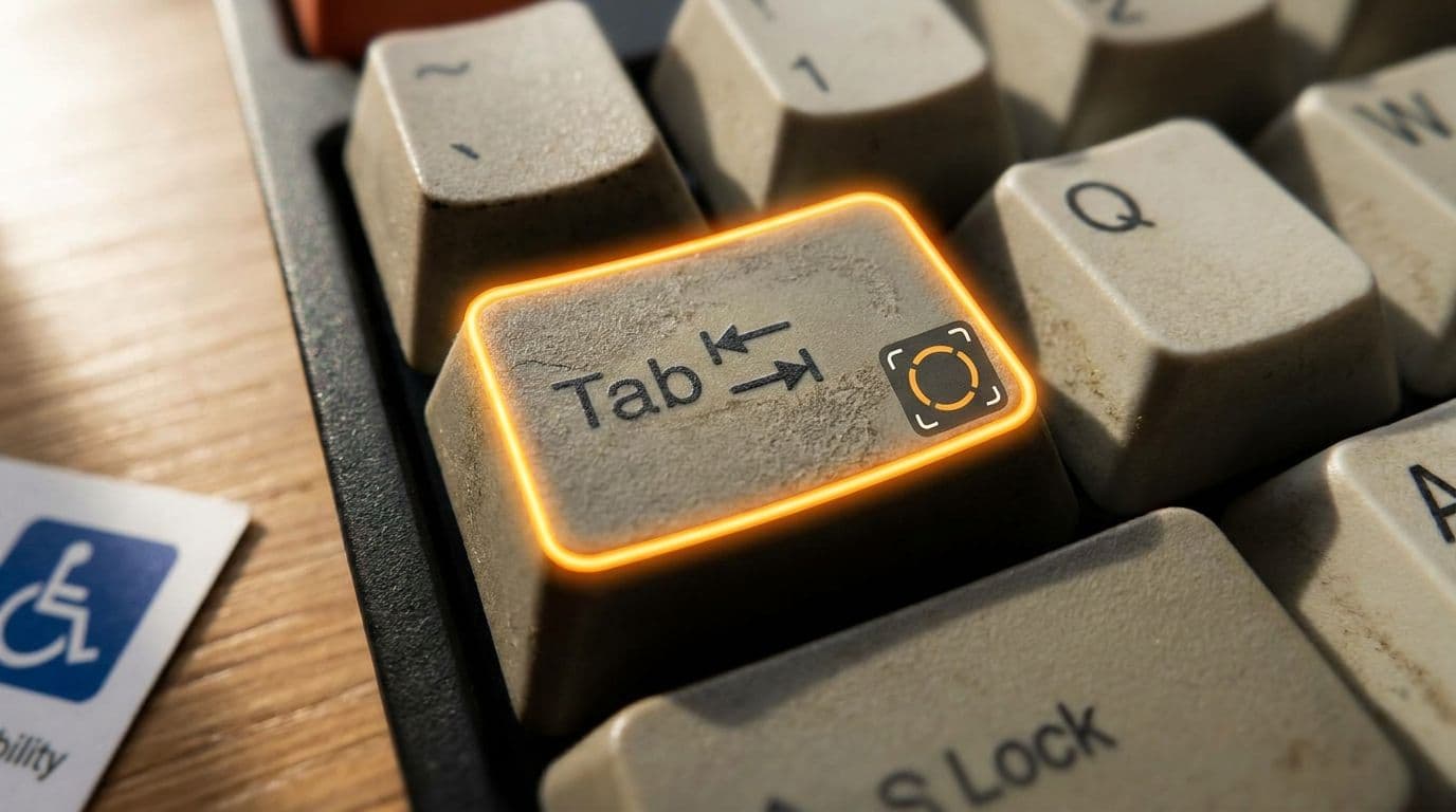 A close-up of a keyboard with a focus indicator visible on the tab key.