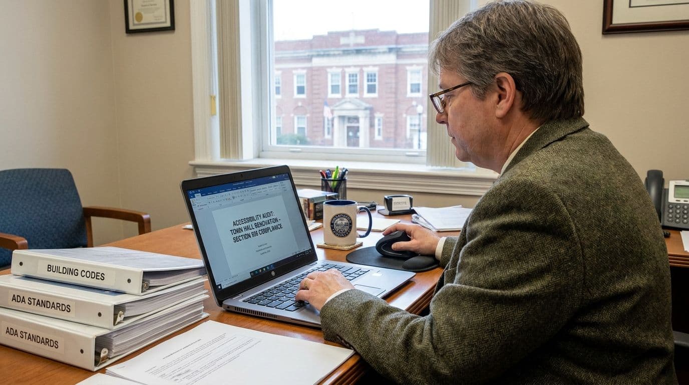 A council clerk reviewing accessibility requirements on a laptop at a desk